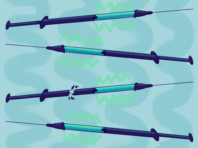A digital drawing of four horizontal needles. The third one is snapped in half.