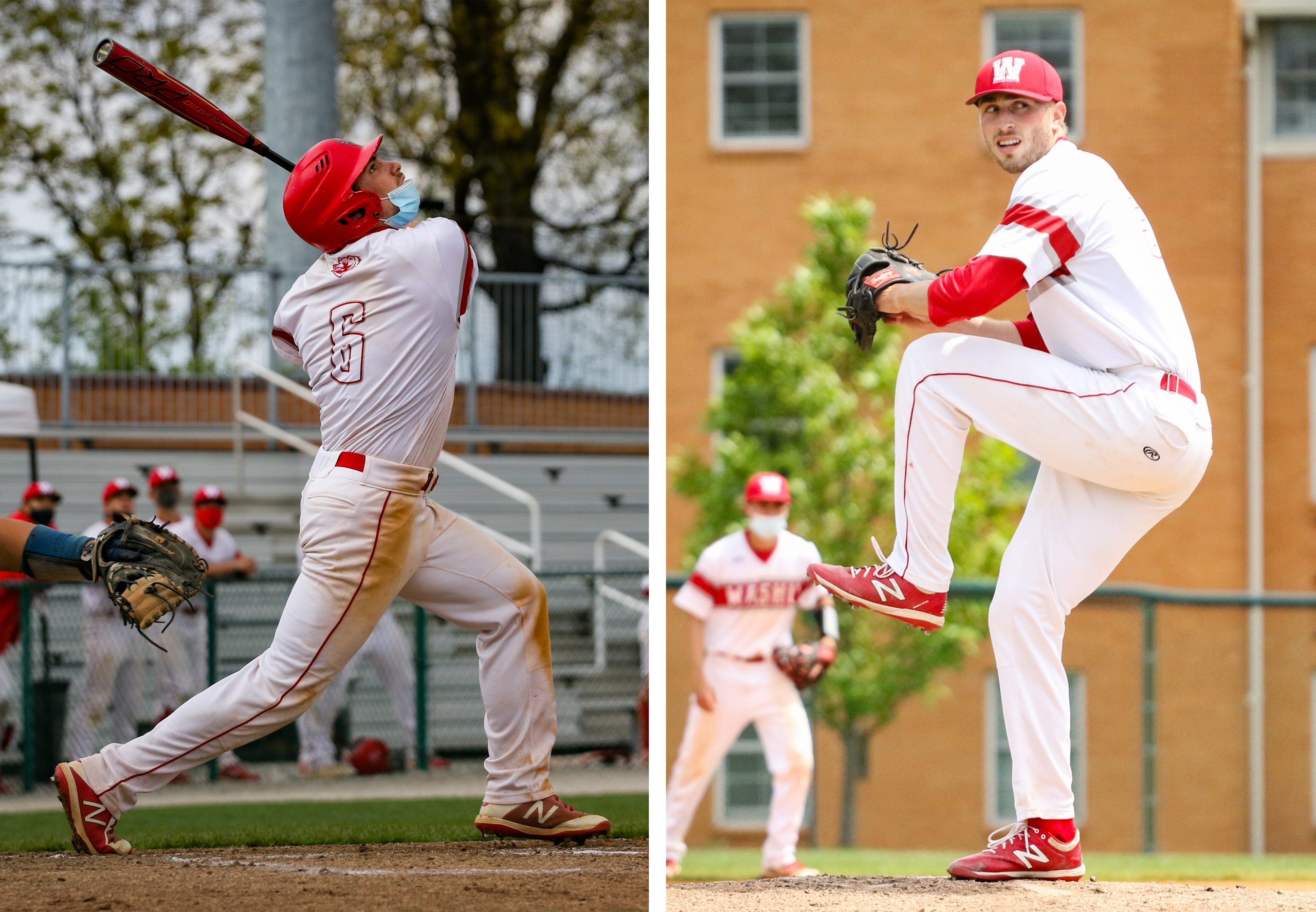 A thick white line separates images of two baseball players, one on the left who has just finished a swing and is tracking the ball with his eyes, and one on the right who is winding up to pitch as a fielder stands in the background. Both players wear white uniforms with red trim.