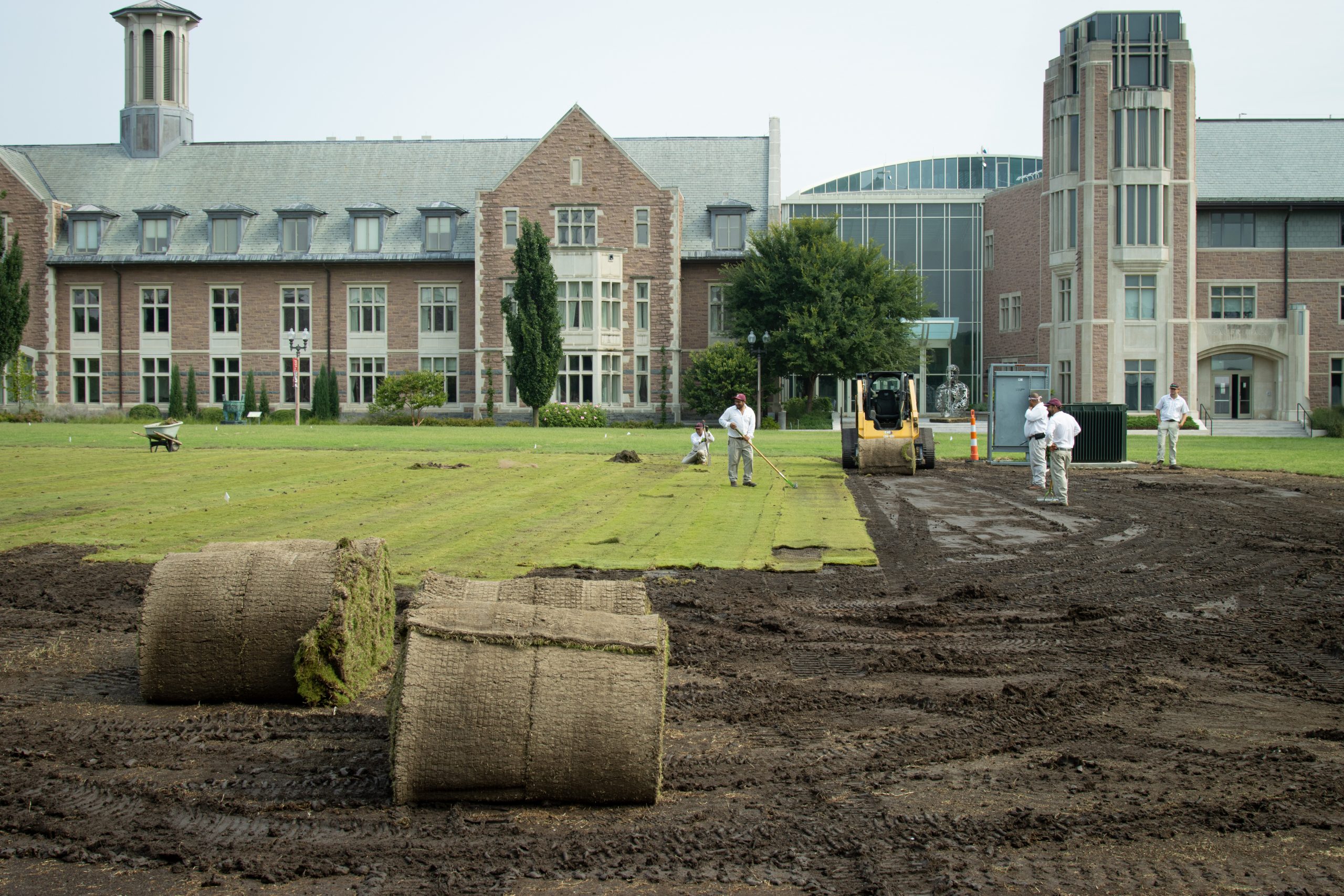 Five people wearing white shirts, gray pants and maroon caps stand with landscaping tools on Mudd Field. Rolls of grass sit in the left foreground, ready to be placed on the exposed dirt on the right side.