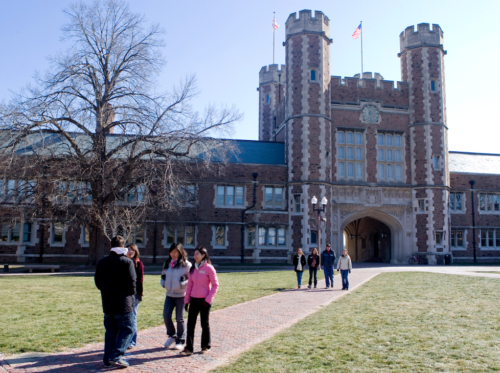 a group of people walk along a stone pathway through a grass lawn. A red and white brick building and a tree can be seen in the background.