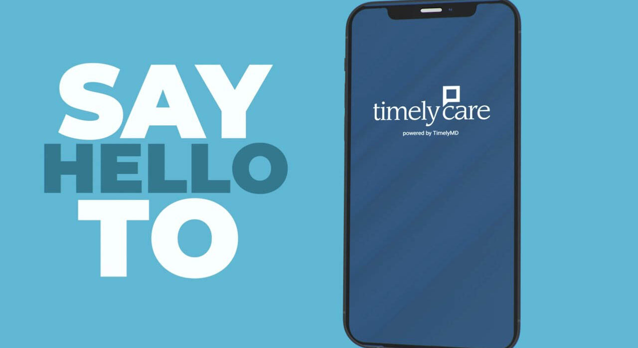 A phone with the timely care logo is placed over a blue background with the words "say hello to" written in white letters