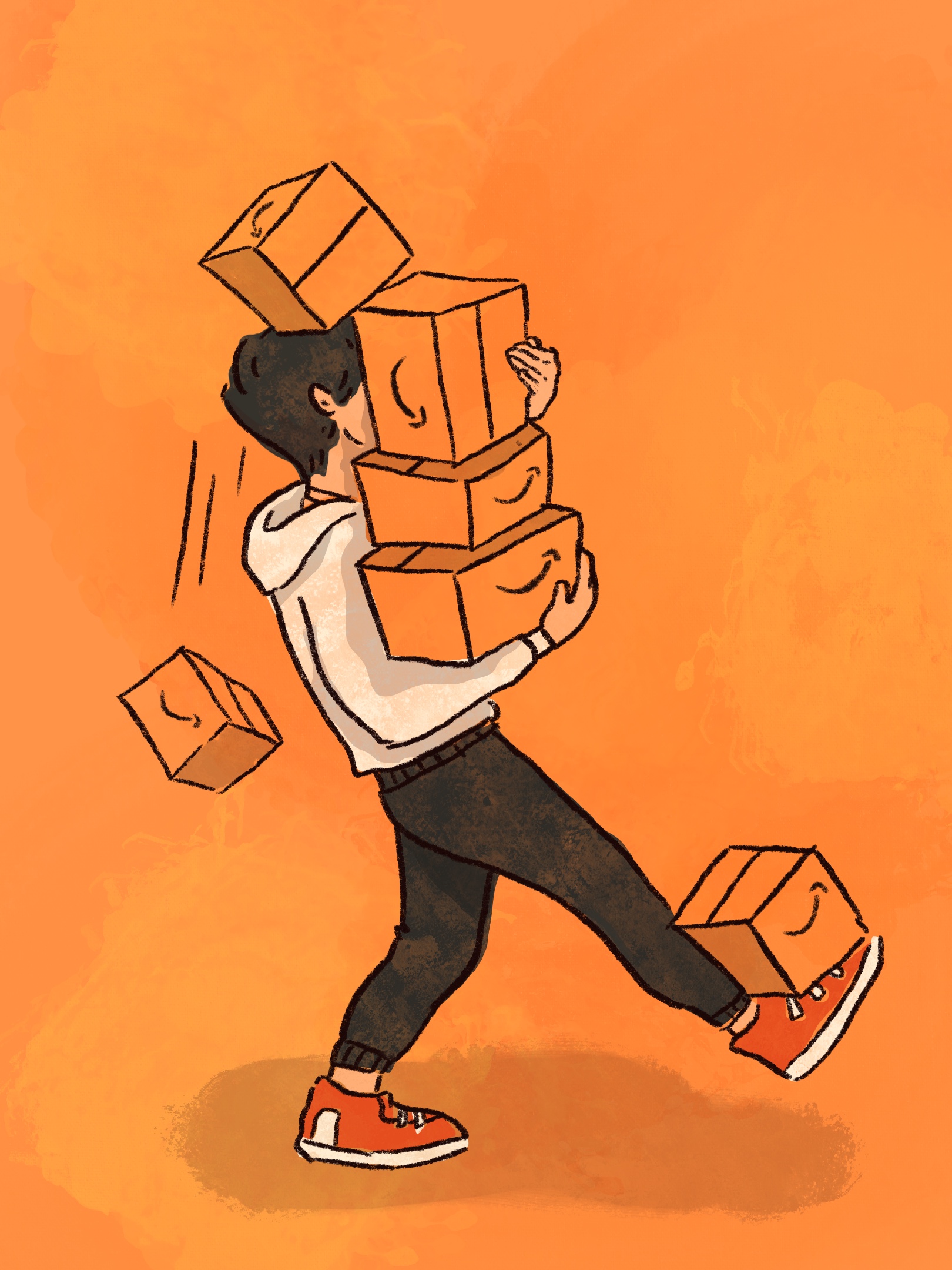 A person carries a tall stack of Amazon packages.