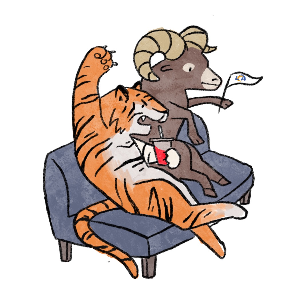 A drawing of an orange tiger and a brown ram sitting on a blue couch. The tiger has a cup filled with a red liquid in its left hand, while the Ram holds a white flag in its left hand.