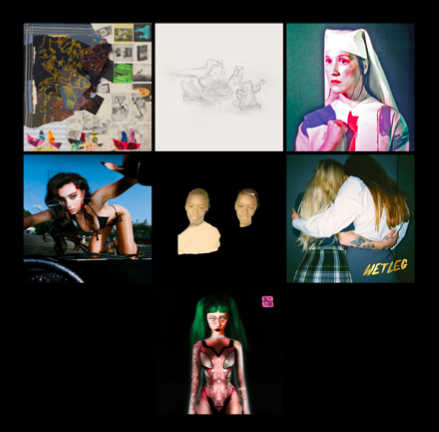 Seven album covers compiled onto a black square.