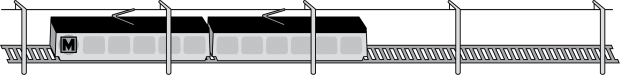 A black-and-white illustration of a MetroLink train passing through a station.