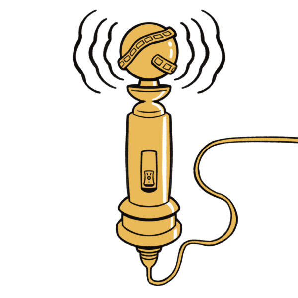 An illustration of a golden vibrator that resembles a Golden Globes award. 