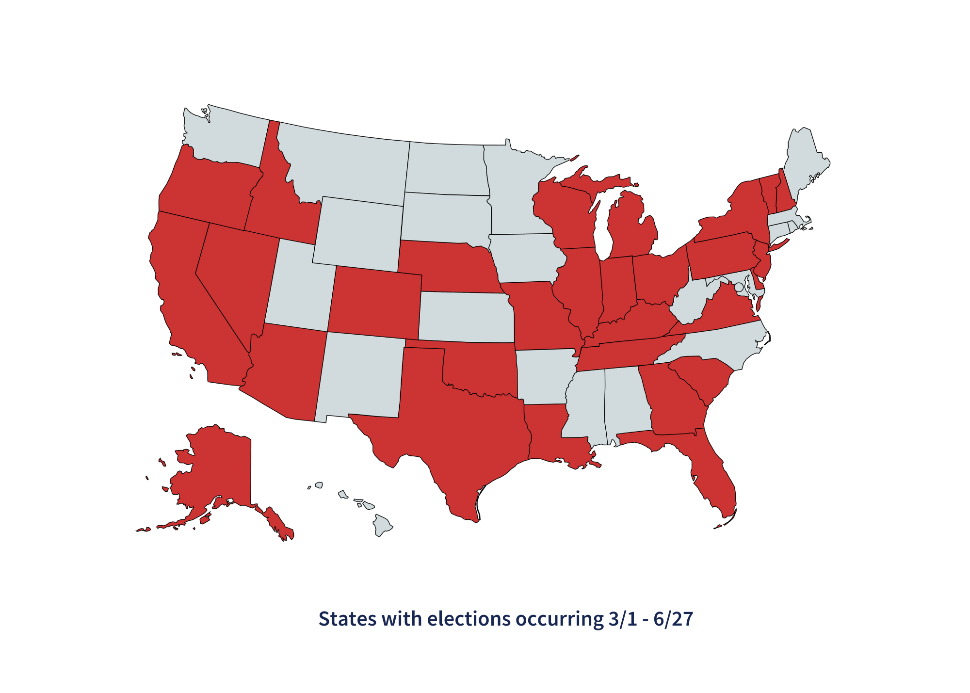 Graphic of states with elections occurring between March 1 and June 27.