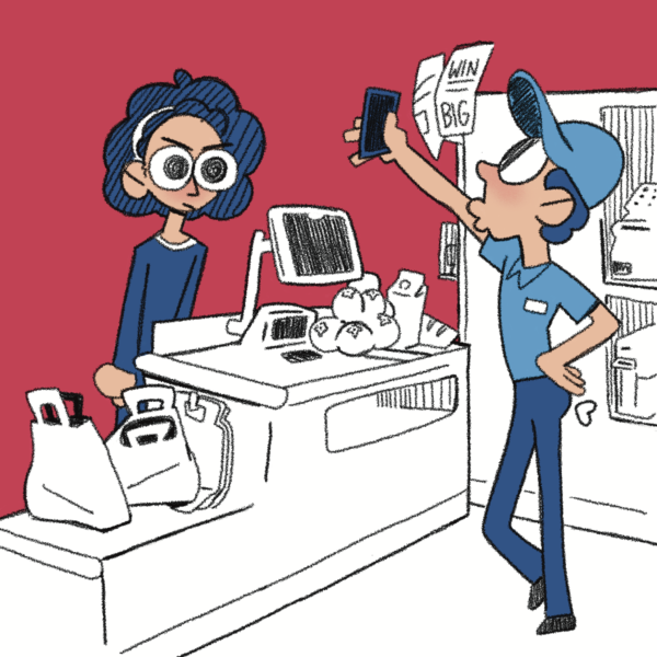 A person poses with a phone, recording a selfie video in a store. Another person stands behind the register, clearly annoyed.