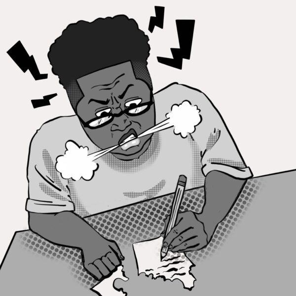 A depiction of the author, Dion, writing the article. The paper they are writing on is ripped, with lightning bolts extending from their head.