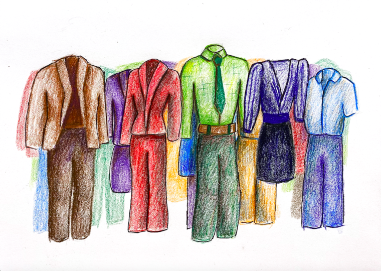 Suits, dresses, and other typical workplace outfits are illustrated in various colors.